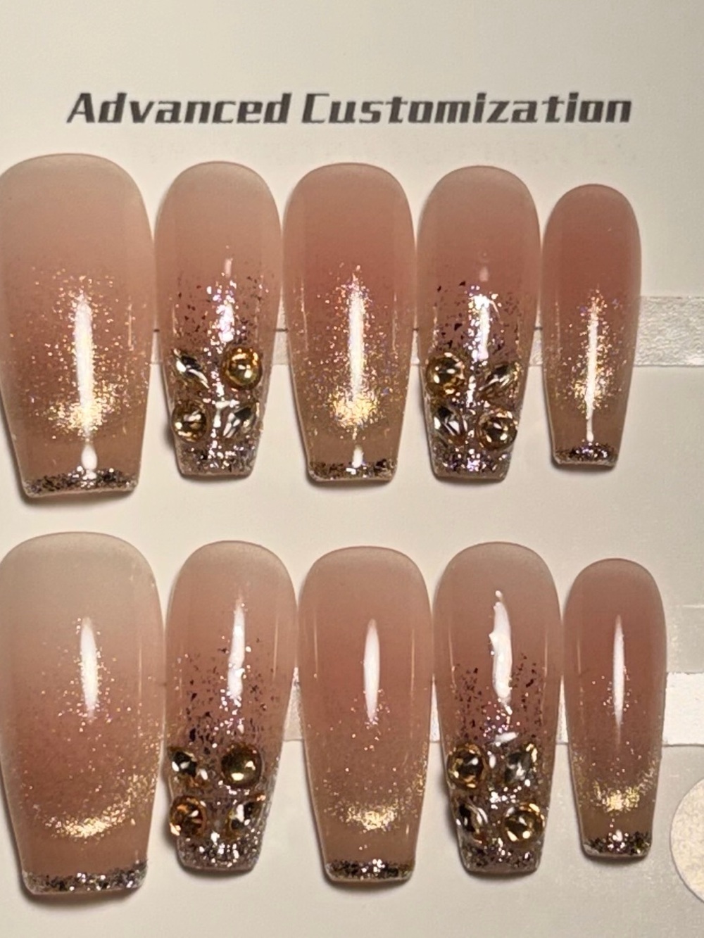 Glam Nude Pink Glitter Press-On Nail Set with Gold Rhinestones